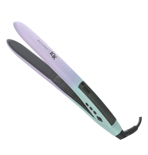 Curved Bio Ionic 10X styling iron with purple-to-blue ombré finish and black accents