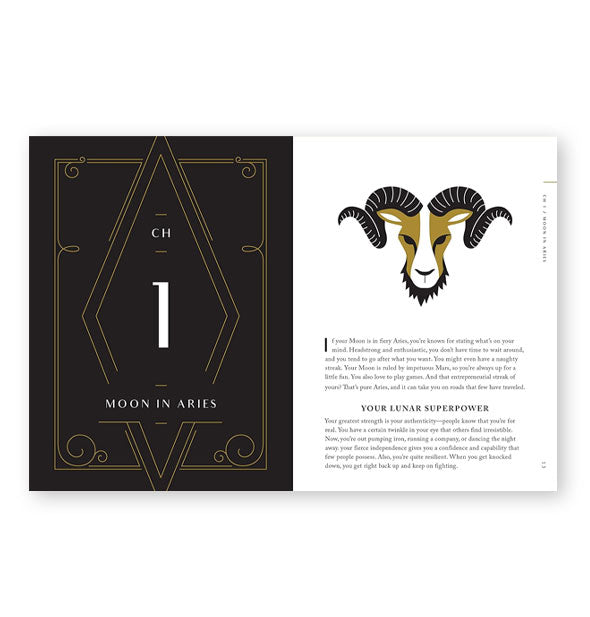 Page spread from 10-Minute Moon Rituals features chapter 1, titled, "Moon In Aries" with ram illustration