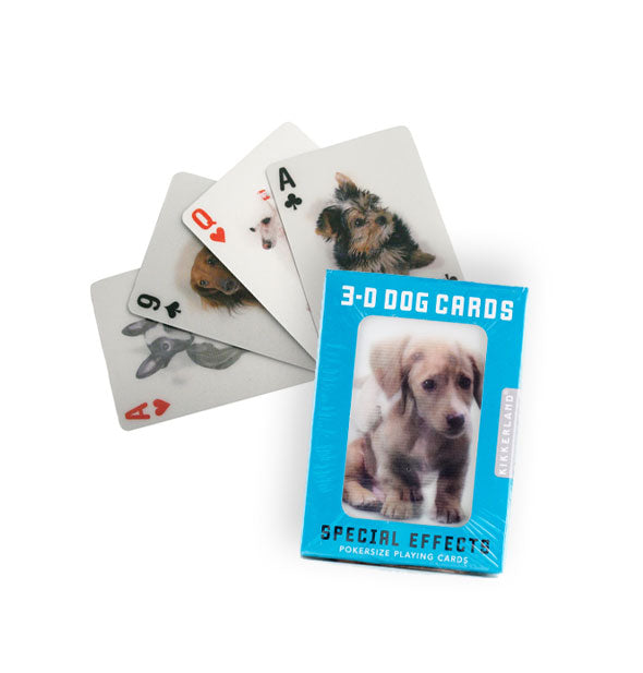  Pack and sample hand of 3-D Dog Cards, all of which feature lenticular images of dogs