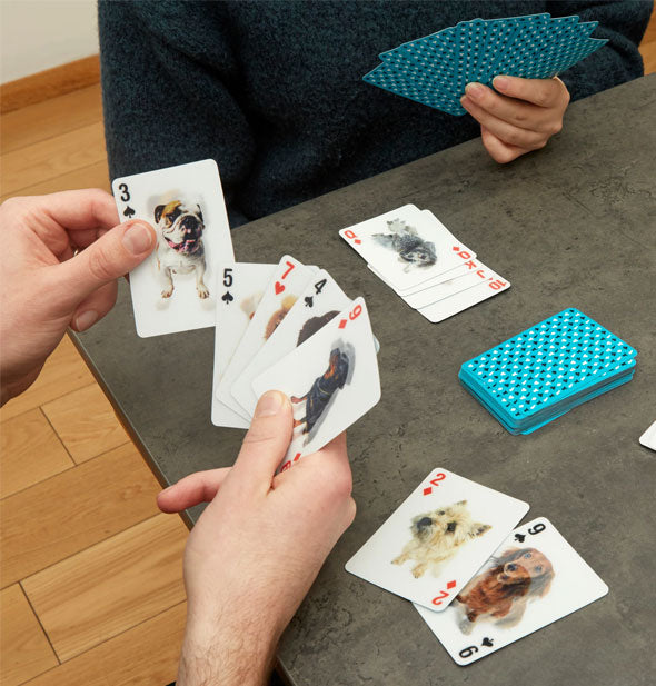 Models play with a deck of cards designed with lenticular images of dogs and vibrant blue patterned backs