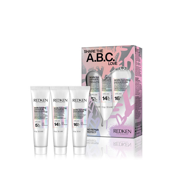 Redken Share the A.B.C. Love kit with contents: Acidic Bonding Concentrate Intensive Treatment, Leave-In Treatment, and 5-Min Mask minis