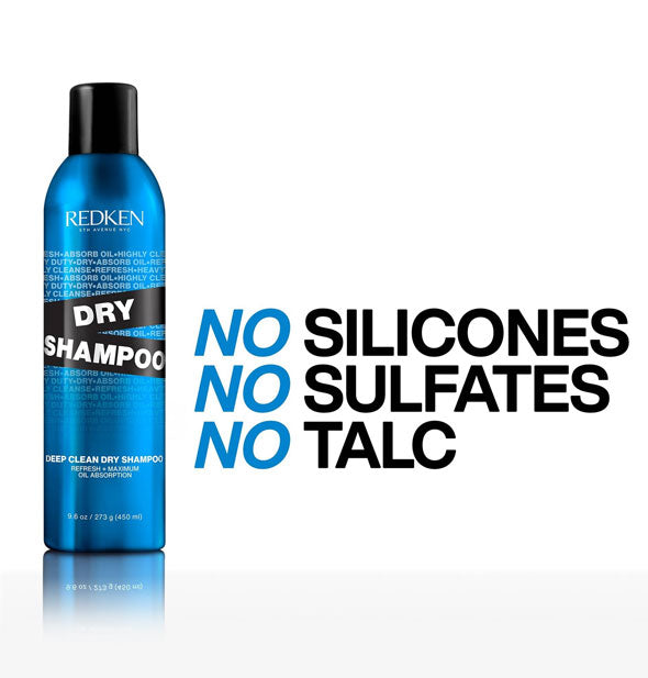 Can of Redken Deep Clean Dry Shampoo is labeled, "No silicones, no sulfates, no talc"