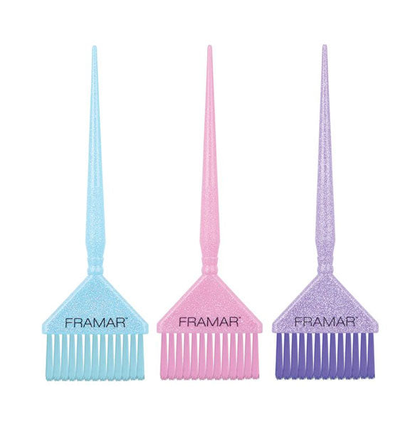 Blue, pink, and purple glitter Framar hair color brushes