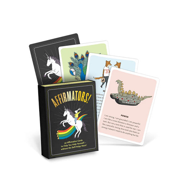 Black box of Affirmators! cards with unicorn and rainbow illustration, and three sample cards drawn at right
