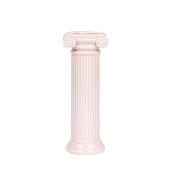 Ceramic pink vase resembles an ionic column