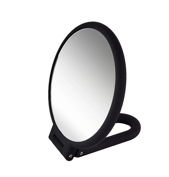 Round black hand mirror with folded-under handle base