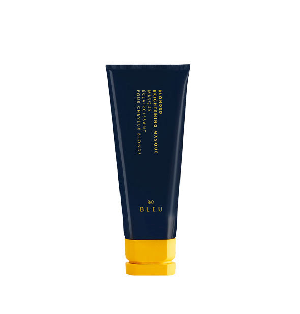 Black tube bottle of R+Co Bleu Blonded Brightening Masque with yellow cap and yellow lettering