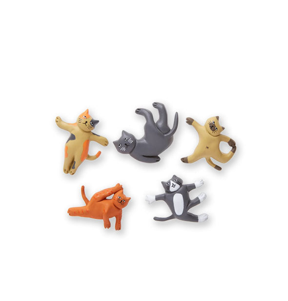 Set of five cat magnets, each a different coloration and doing a different yoga pose