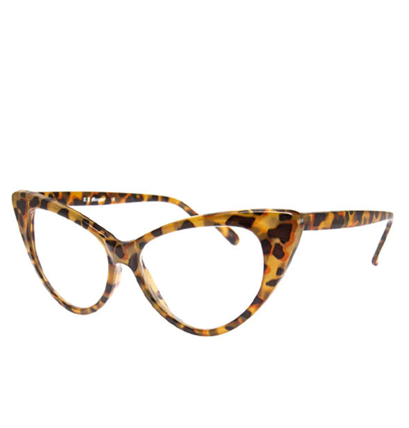 Pair of cat eye glasses with a brown  tortoise-like animal print frame