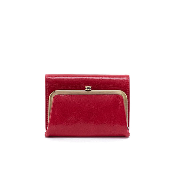 Compact red leather wallet with antique brass frame hardware
