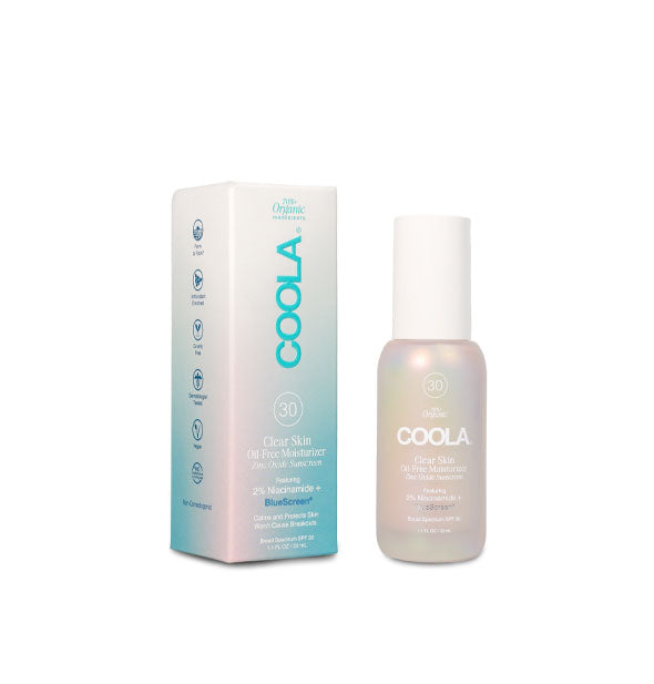 Pearlescent 1 ounce bottle of Coola Clear Skin Oil-Free Moisturizer with box