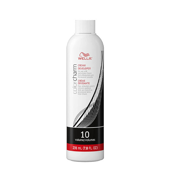 White 7.8 ounce bottle of Wella ColorCharm 10 Volume Cream Developer with black and red accents