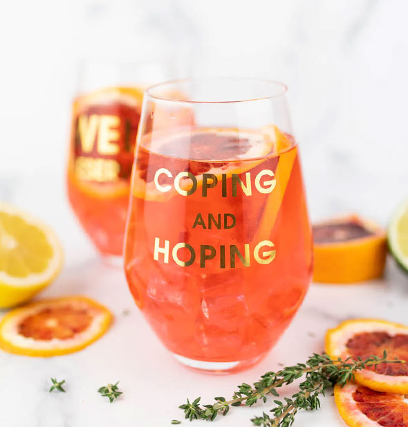 Coping and Hoping stemless wine glass holds a red-orange iced beverage and citrus slices