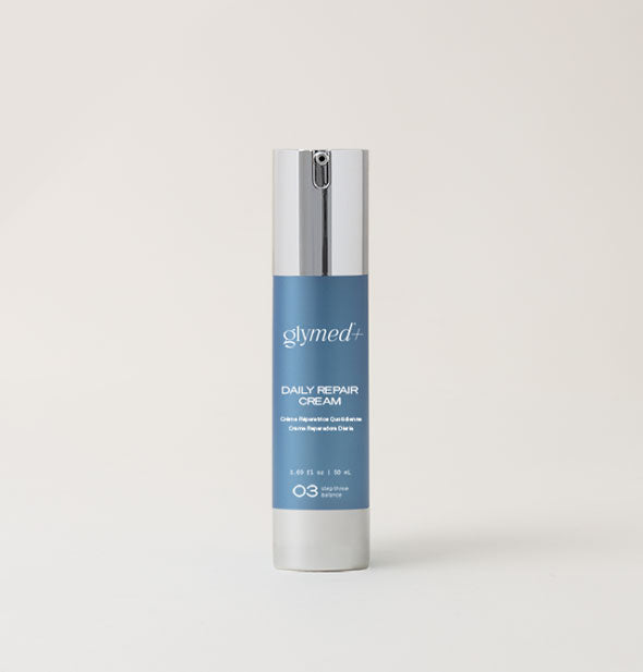 Cylindrical blue and silver bottle of GlyMed+ Daily Repair Cream