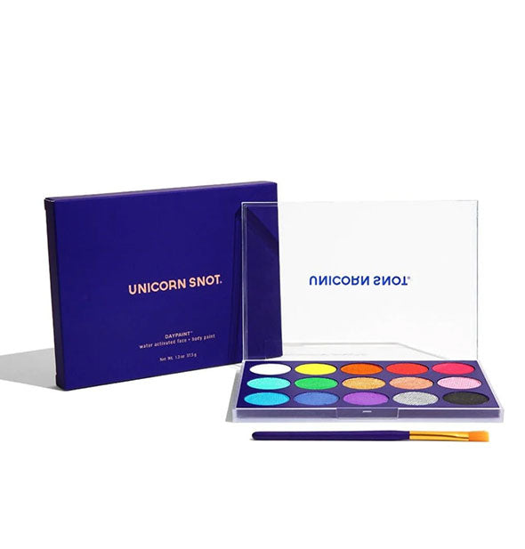 Opened 15-shade Unicorn Snot Face & Body Paint palette with brush and blue box
