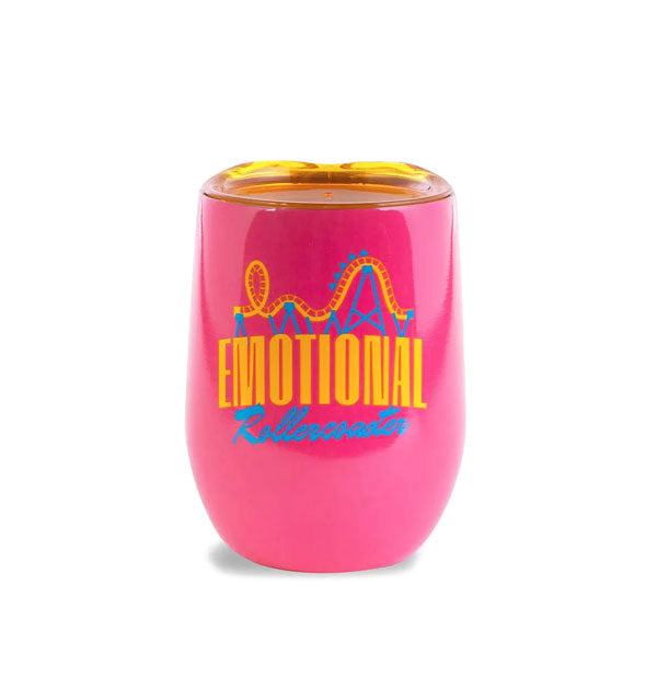 Pink wine tumbler with clear yellow lid features a blue and yellow rollercoaster graphic above the words, "Emotional Rollercoaster" in blue and yellow lettering in two different typefaces