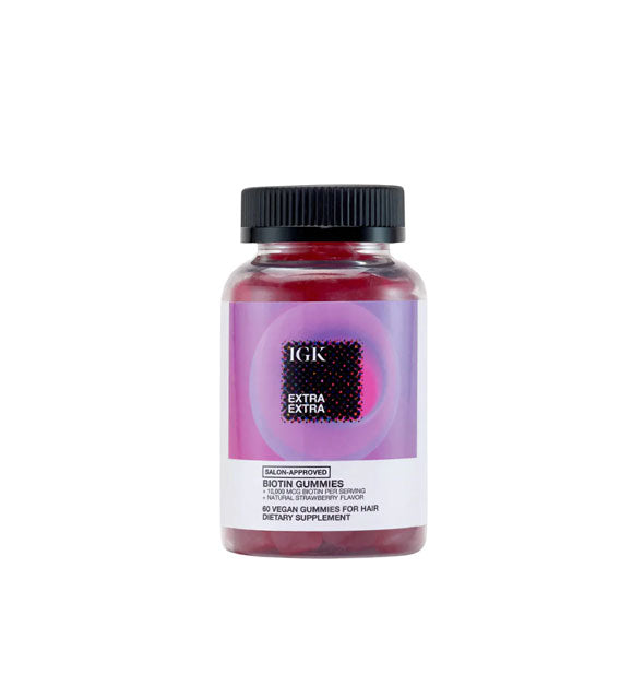 Bottle of 60 IGK Extra Extra Vegan Biotin Gummies with purple label and black twist-off cap