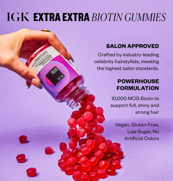 Model's hand pours Extra Extra Biotin Gummies from the bottle onto a purple surface alongside a caption outlining salon approval and powerhouse formulation