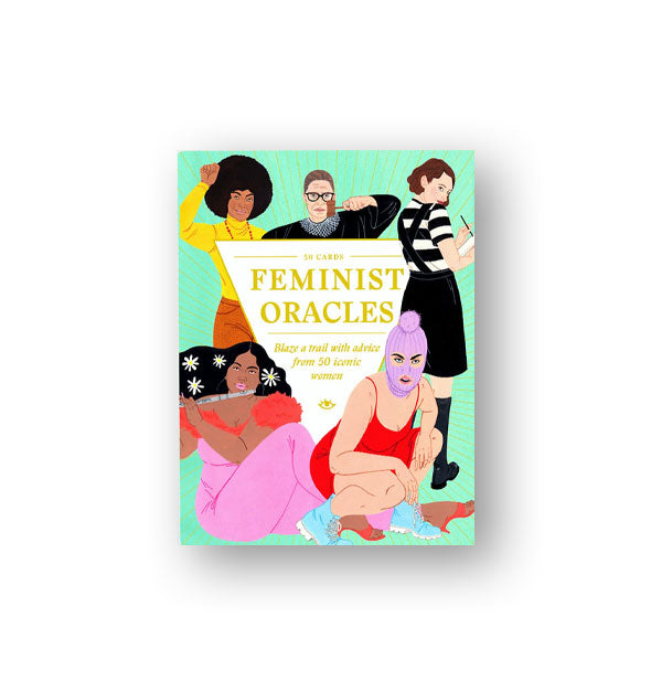 Pack of Feminist Oracles cards with illustrations of prominent, powerful female figures
