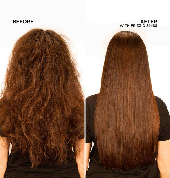 Side-by-side comparison of model's hair before and after using Redken Frizz Dismiss Mask