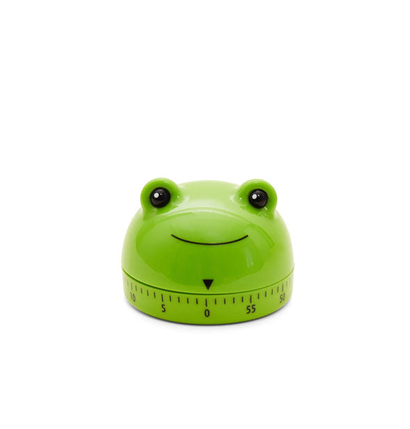 Domed green kitchen timer designed to resemble a smiling frog's head