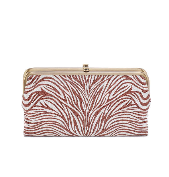 Wallet with white and brown zebra print and brass frame hardware