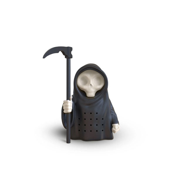 Silicone tea infuser designed to resemble a skeletal Grim Reaper with black cloak and scythe