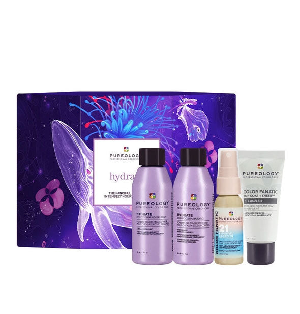 Contents of the Pureology Hydrate Mini kit with box: travel size Hydrate Shampoo, Hydrate Conditioner, Color Fanatic Multi-Tasking Leave-In Spray, and Color Fanatic Top Coat + Sheer Glossing Treatment