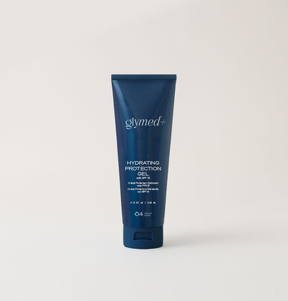 Dark blue 4 ounce bottle of GlyMed+ Hydrating Protection Gel with white lettering