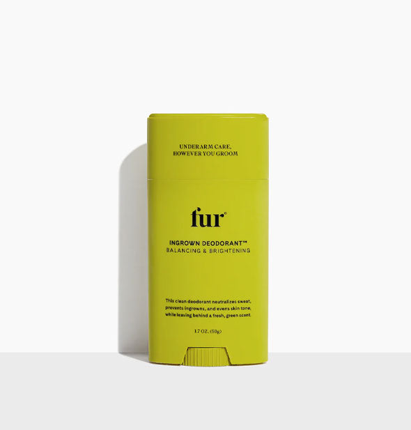 1.7 ounce lime green stick of Fur brand Ingrown Deodorant with black lettering