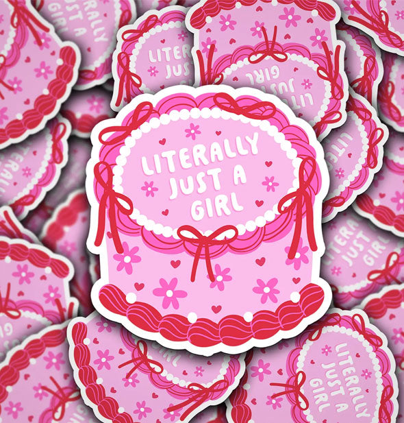 Grouping of stickers designed as pink, ornately decorated cakes with bows and flowers that say, "Literally just a girl" in white lettering