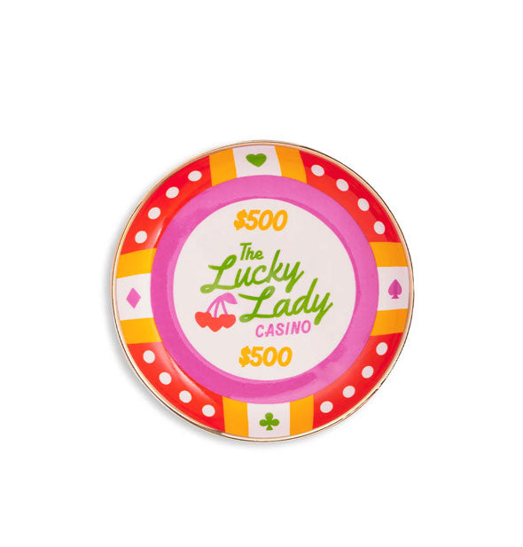 Round platter designed as a poker chip with bold red, pink, yellow, green, white, and purple playing card suits design theme says, "The Lucky Lady Casino" with cherries graphic and "$500" above and below the central text