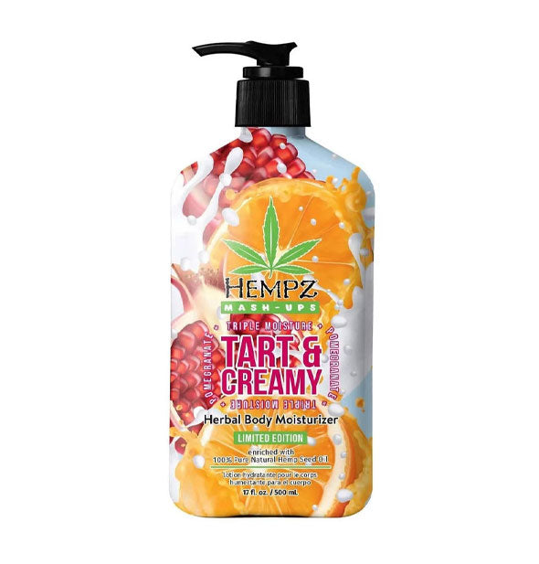 17 ounce bottle of Hempz Limited Edition Mash-Ups Tart & Creamy Herbal Body Moisturizer with all-over bold fruit imagery