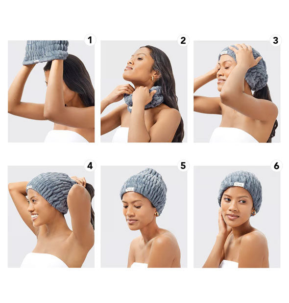 Six-step photographic instructions for wearing the Extra Wide Spa Headband