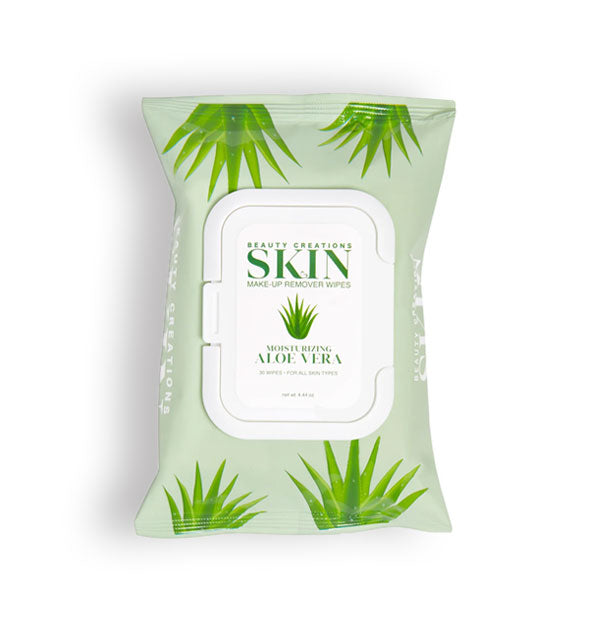 Green pack of Beauty Creations Skin Makeup Remover Wipes in Moisturizing Aloe Vera option with aloe vera plant pattern on packaging