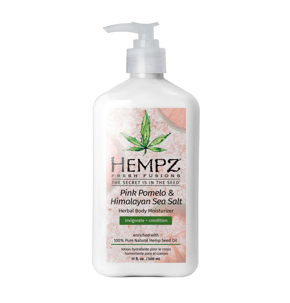 White 17 ounce bottle of Hempz Fresh Fusions Pink Pomelo & Himalayan Sea Salt Herbal Body Moisturizer with black lettering on a green and pink label