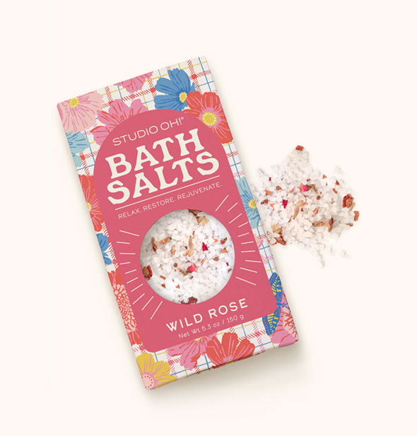 Studio Oh! Wild Rose Bath Salts pack with sample salts and dried flower petals garnish dispensed at right of packaging
