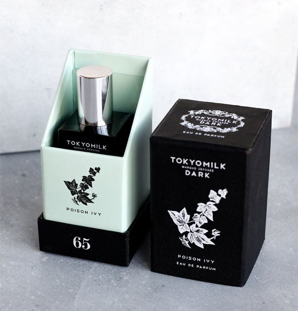 Opened black and green box of TokyoMilk Poison Ivy Eau de Parfum with bottle inside