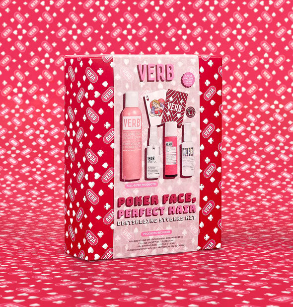 Verb Poker Face, Perfect Hair Best-Selling Stylers Set box on a red and white patterned backdrop