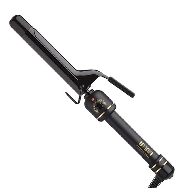 Black Hot Tools curling iron with gold accents and a one-inch diameter barrel