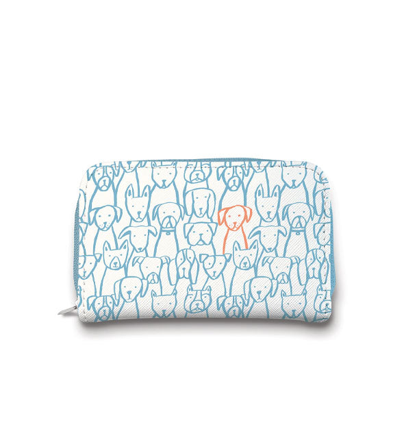 Rectangular white pouch featuring all-over blue outlined dog illustrations with one orange-outlined dog among them