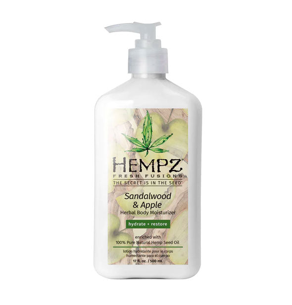 White 17 ounce bottle of Hempz Fresh Fusions Sandalwood & Apple Herbal Body Moisturizer with green apples on the label