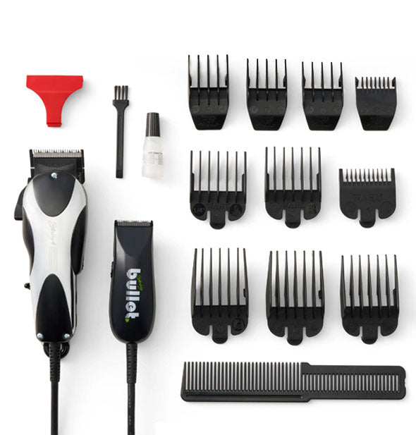 Contents of the Wahl Sterling 4 & Bullet Combo Clipper Set: attachment combs, oil, cleaning brush, and red blade guard