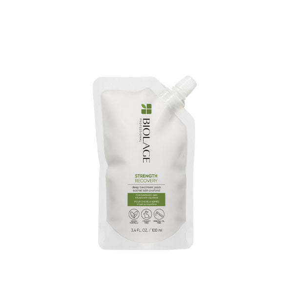 3.4 ounce pouch of Biolage Strength Recovery Deep Treatment Pack with nozzle