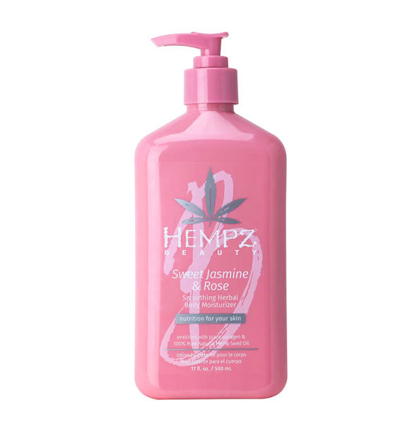 Pink 17 ounce bottle of Hempz Sweet Jasmine & Rose Smoothing Herbal Body Moisture with white and silver lettering and design accents