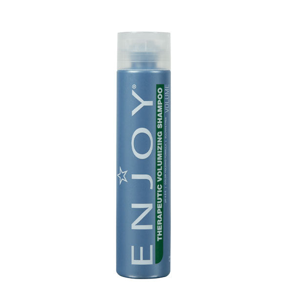 Blue 10 ounce bottle of Enjoy Therapeutic Volumizing Shampoo with dark green accent stripe