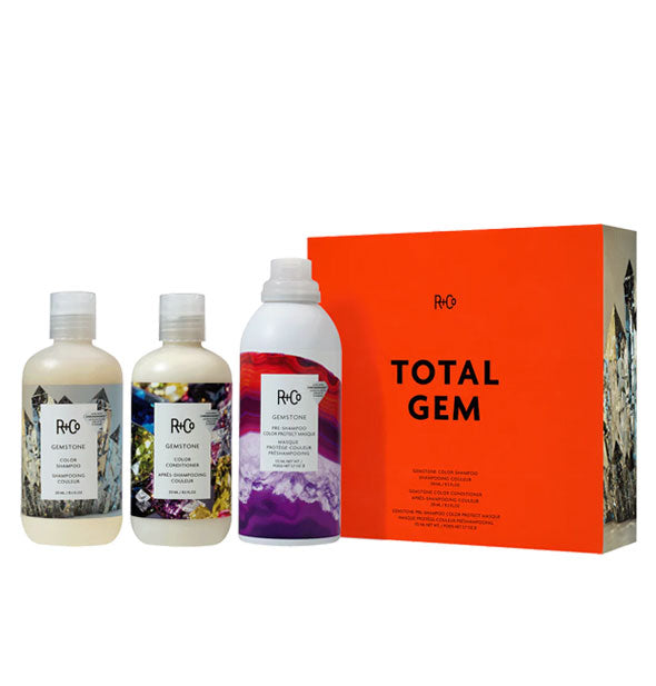 R+Co Total Gem kit with box and contents: Gemstone Color Shampoo, Conditioner, and Pre-Shampoo Masque