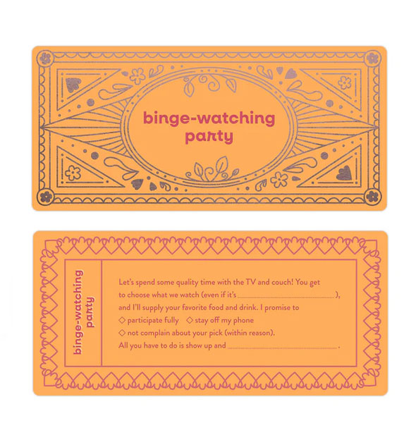 Orange voucher with metallic silver stamping says, "Binge-Watching Party" on one side and details to fill in on the other