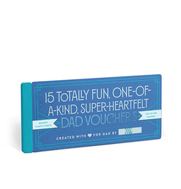 Rectangular blue booklet says, "15 Totally Fun, One-of-a-Kind, Super-Heartfelt Dad Vouchers"