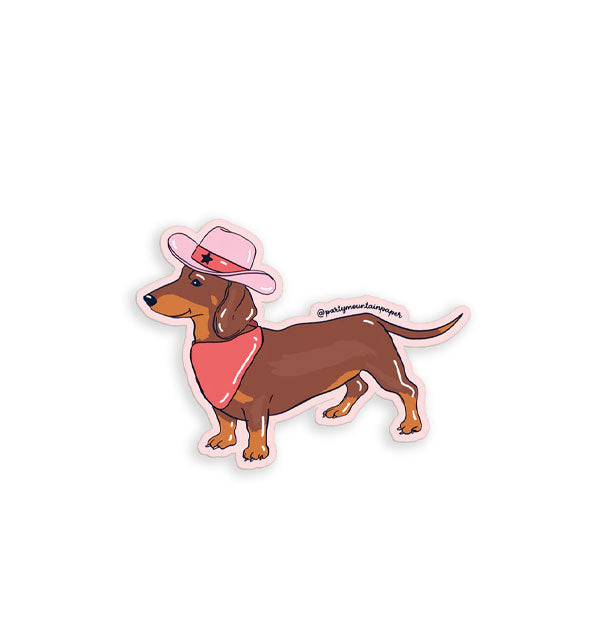 Sticker depicts a brown Dachshund wearing a pink kerchief and cowgirl hat with star
